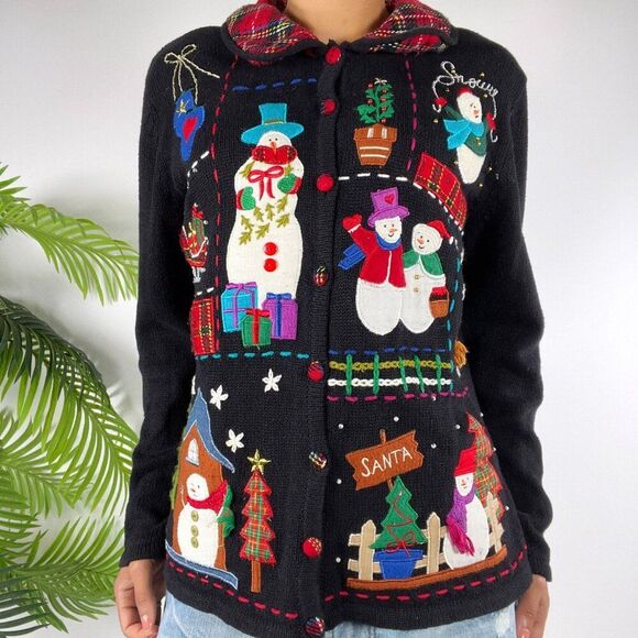 Vintage 90s Black Holiday Grandma Ugly Christmas Sweater Oversized Cardigan / M - Picture 3 of 6